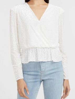 Express Womens White Velvet Burnout Leopard Peplum Long Sleeve Top Size Medium